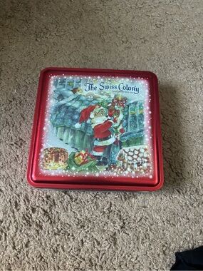 Red Holiday Tin with Santa Illustration